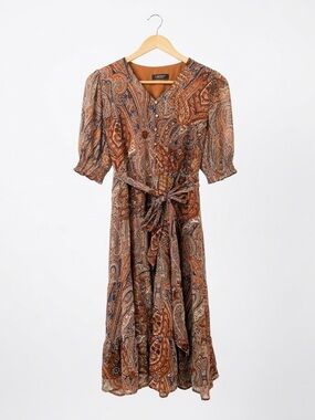 Lauren Ralph Lauren Paisley Midi Dress Smocked Puff Sleeve Tiered Boho Rust